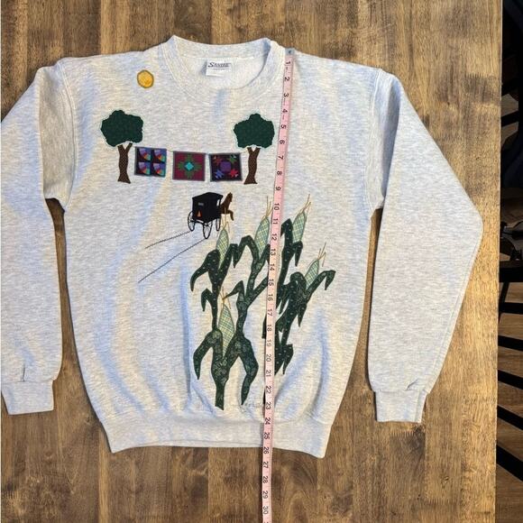 VTG Pastoral Amish Corn Quilt Santee Handmade Embroidered Sweatshirt Sz Unisex S - Picture 9 of 12